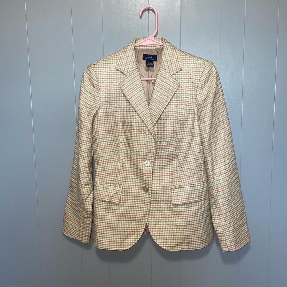 Brooks Brothers 346 Linen Silk Wool Blend Plaid Blazer Size 4 Tan, Cream, Green